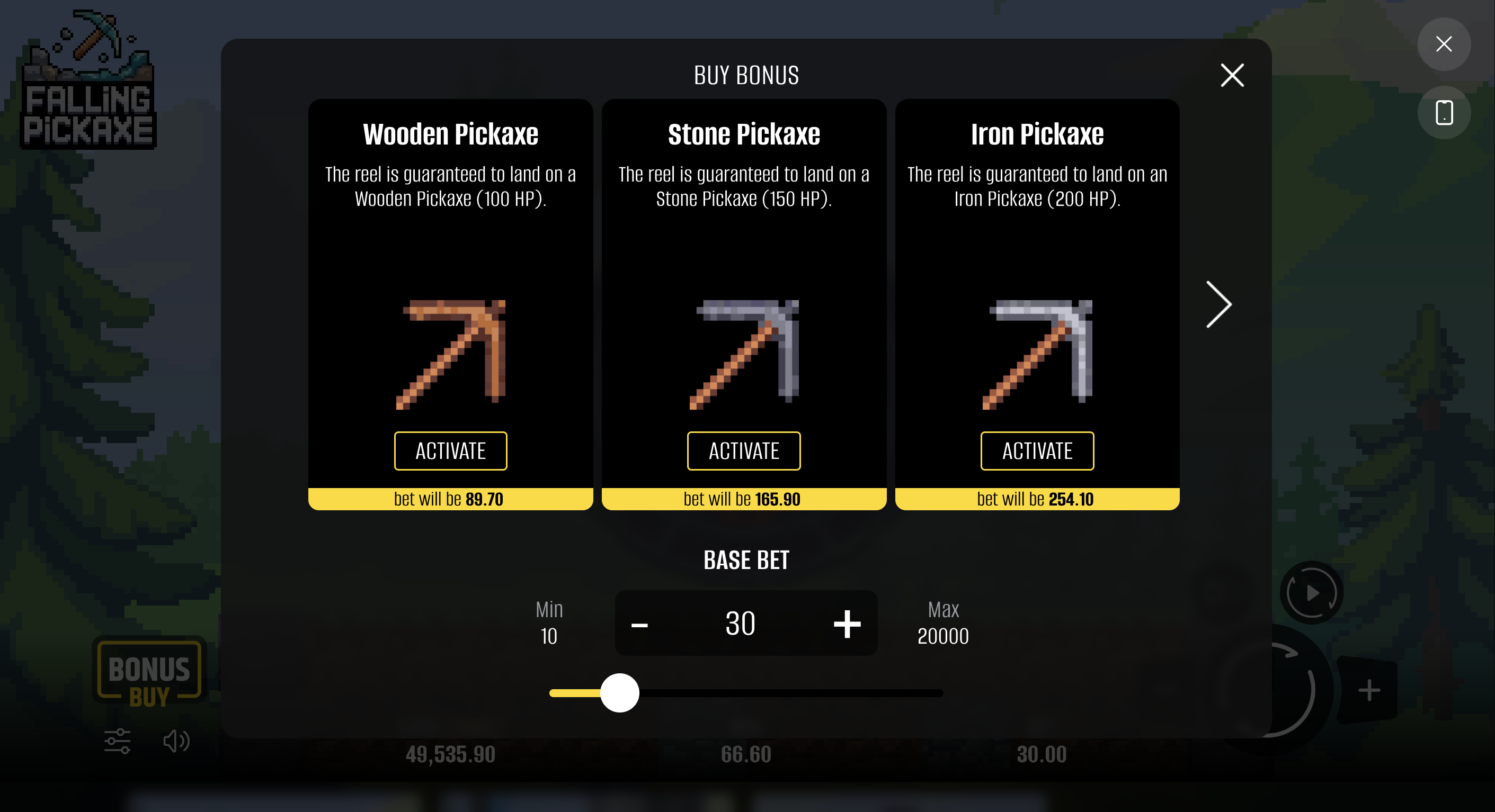 Екран Bonus Buy у Falling Pickaxe